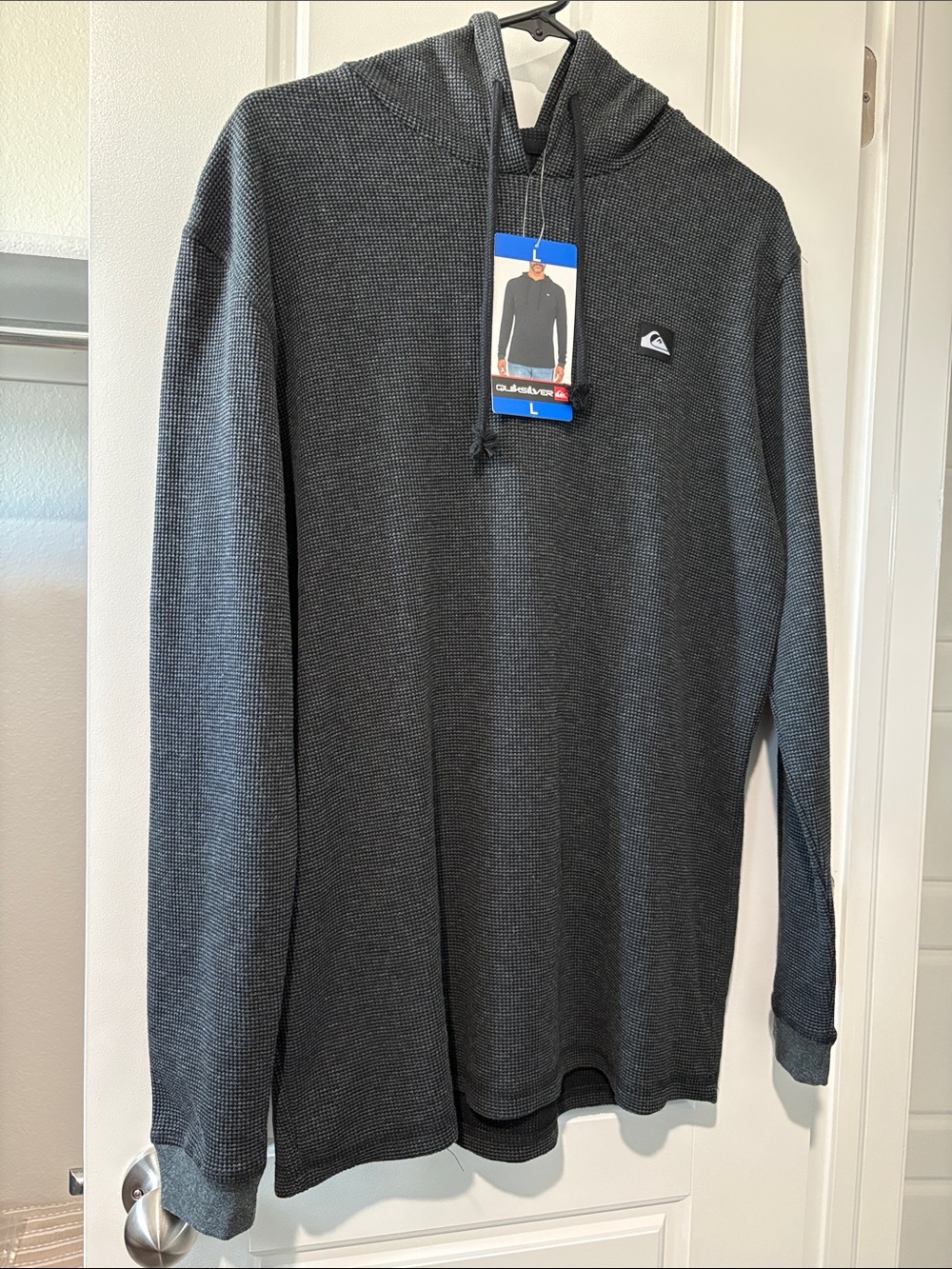 Quiksilver Men's Dark Charcoal Waffle-Knit Hooded Long Sleeve